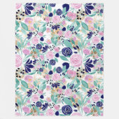 Girly Pink Navy Blue Gold Waterverf Flowers Fleece Deken (Voorkant)
