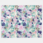 Girly Pink Navy Blue Gold Waterverf Flowers Fleece Deken (Voorkant (Horizontaal))