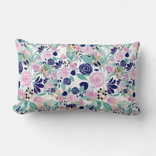 Girly Pink Navy Blue Gold Waterverf Flowers Kussen (Voorkant)