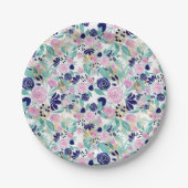 Girly Pink Navy Blue Gold Waterverf Flowers Papieren Bordje (Voorkant)