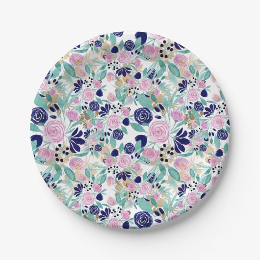 Girly Pink Navy Blue Gold Waterverf Flowers Papieren Bordje (Voorkant)