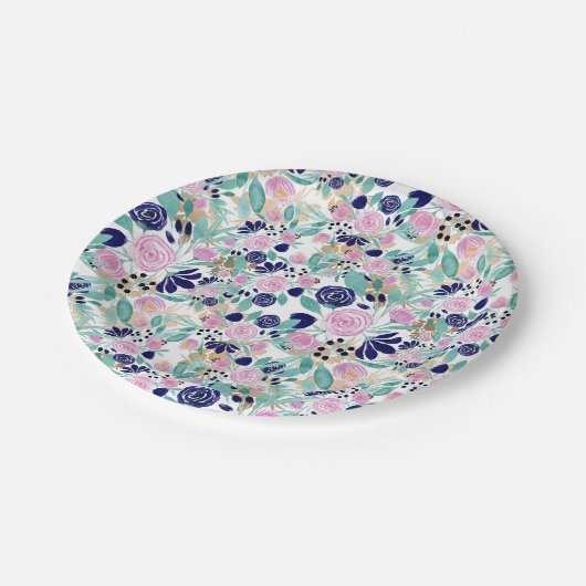 Girly Pink Navy Blue Gold Waterverf Flowers Papieren Bordje (Gekanteld)