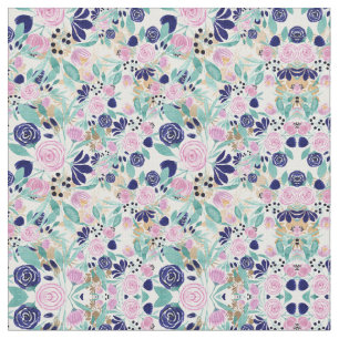Girly Pink Navy Blue Gold Waterverf Flowers Stof