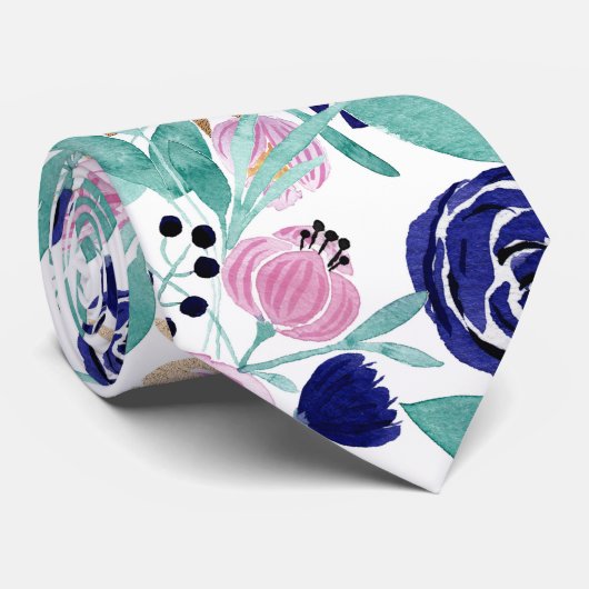 Girly Pink Navy Blue Gold Waterverf Flowers Stropdas (Opgerold)