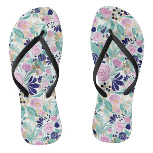 Girly Pink Navy Blue Gold Waterverf Flowers Teenslippers