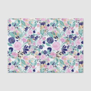Girly Pink Navy Blue Gold Waterverf Flowers Tissuepapier