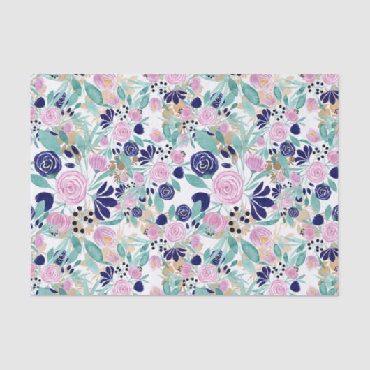 Girly Pink Navy Blue Gold Waterverf Flowers Tissuepapier (Voorkant)