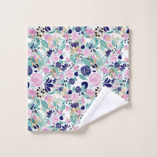 Girly Pink Navy Blue Gold Waterverf Flowers Washandje (Wasdoekje)