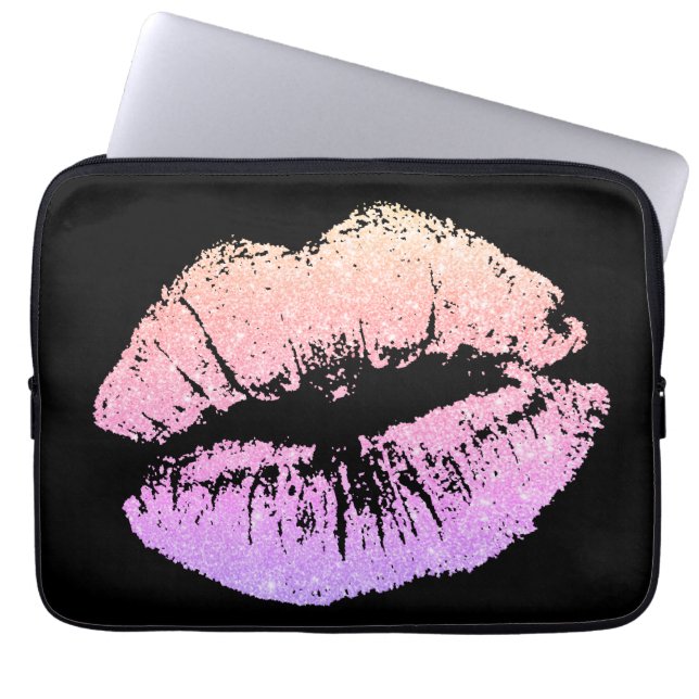 Girly Pink Neon Lips Black Laptop Computer Sleeve (Voorkant)