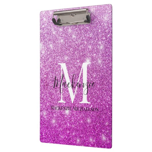 Girly Pink Ombre Glitter Monogram Naam Klembord (Links)