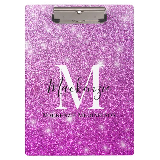 Girly Pink Ombre Glitter Monogram Naam Klembord (Voorkant)