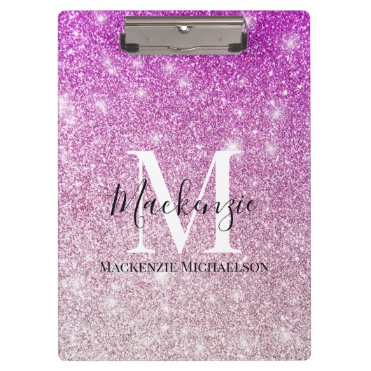 Girly Pink Ombre Glitter Monogram Naam Klembord (Voorkant)