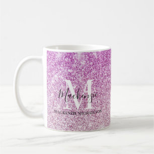 Girly Pink Ombre Glitter Monogram Naam Koffiemok