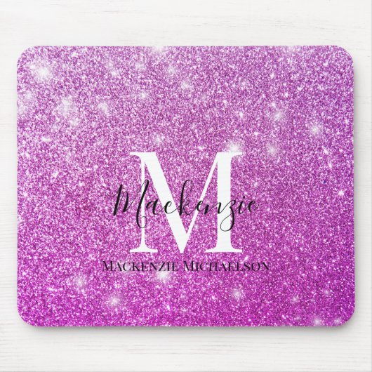 Girly Pink Ombre Glitter Monogram Naam Muismat (Voorkant)