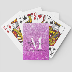 Girly Pink Ombre Glitter Monogram Naam Pokerkaarten