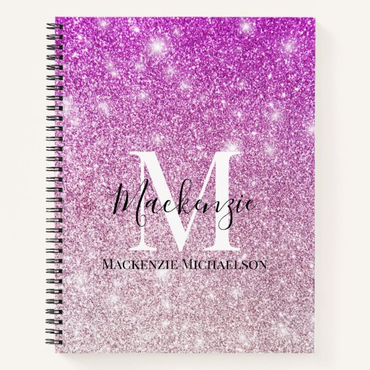 Girly Pink Ombre Glitter Monogram Name Notitieboek (Voorkant)