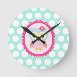 Girly Pink Owl Flower & Rainbow Aqua Polka Dots Ronde Klok
