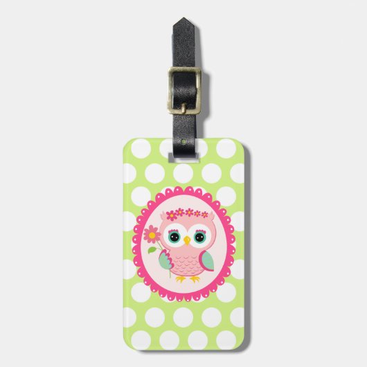 Girly Pink Owl Flower Spring Green Polka Dots Bagagelabel (Voorkant verticaal)