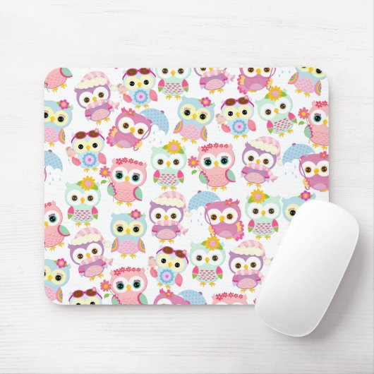 Girly Pink Owls Cute Pattern Muismat (Met muis)