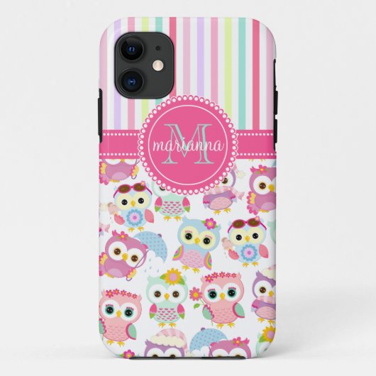 Girly Pink Owls Cute Pattern Personalized Case-Mate iPhone Case (Achterkant)