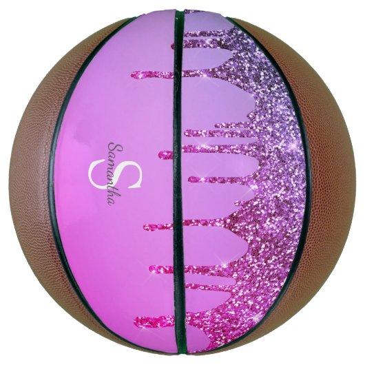 Girly Pink Paars Glitter Sparkle Driemonogram Basketbal (Verticaal)
