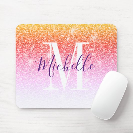 Girly Pink Paars Glitter Sparkle Monogram Naam Muismat (Met muis)