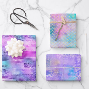 Girly Pink Paarse Aqua Glitzy Zeemeermin Stripes Inpakpapier Vel