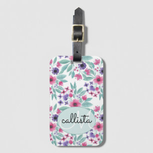 Girly Pink Paarse Blauwgroen Waterverf Floral Mono Bagagelabel