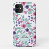 Girly Pink Paarse Blauwgroen Waterverf Floral Mono