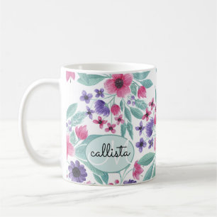 Girly Pink Paarse Blauwgroen Waterverf Floral Mono Koffiemok