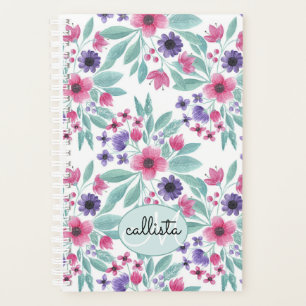 Girly Pink Paarse Blauwgroen Waterverf Floral Mono Planner