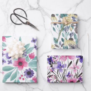 Girly Pink Paarse Blauwgroen Waterverf Floral Patt Inpakpapier Vel