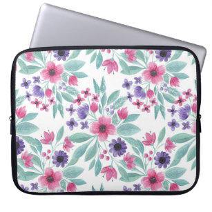 Girly Pink Paarse Blauwgroen Waterverf Floral Patt Laptop Sleeve