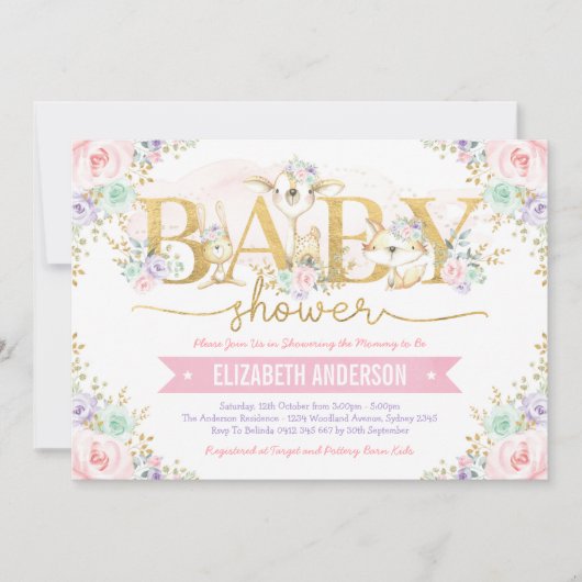 Girly Pink Paarse Mint Woodland Forest Baby shower Kaart (Voorkant)