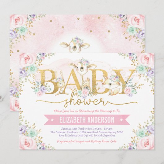 Girly Pink Paarse Mint Woodland Forest Baby shower Kaart (Voorkant / Achterkant)