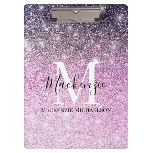 Girly Pink Paarse Ombre Glitter Monogram Naam Klembord (Voorkant)