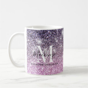 Girly Pink Paarse Ombre Glitter Monogram Naam Koffiemok
