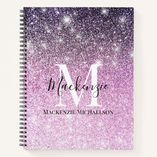 Girly Pink Paarse Ombre Glitter Monogram Naam Notitieboek (Voorkant)