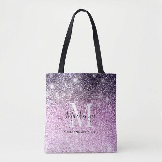 Girly Pink Paarse Ombre Glitter Monogram Naam Tote Bag (Voorkant)