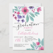 Girly Pink Paarse Waterverf Floral Afstuderen Kaart (Voorkant)
