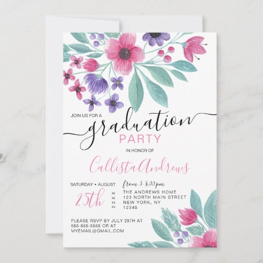 Girly Pink Paarse Waterverf Floral Afstuderen Kaart (Voorkant)