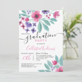 Girly Pink Paarse Waterverf Floral Afstuderen Kaart (Staand voorkant)