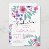 Girly Pink Paarse Waterverf Floral Afstuderen Kaart (Voorkant / Achterkant)