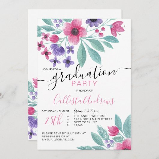 Girly Pink Paarse Waterverf Floral Afstuderen Kaart (Voorkant / Achterkant)