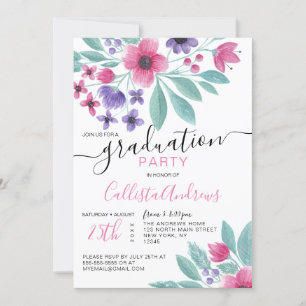 Girly Pink Paarse Waterverf Floral Afstuderen Kaart