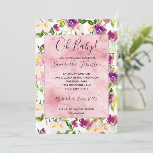 Girly Pink Peach Paarse Burgundy Waterverf Floral Kaart (Staand voorkant)