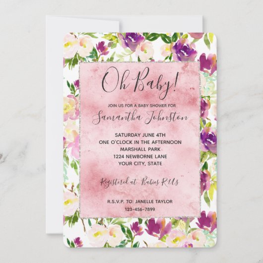 Girly Pink Peach Paarse Burgundy Waterverf Floral Kaart (Voorkant)