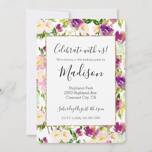 Girly Pink Peach Paarse Burgundy Waterverf Floral Kaart (Voorkant)