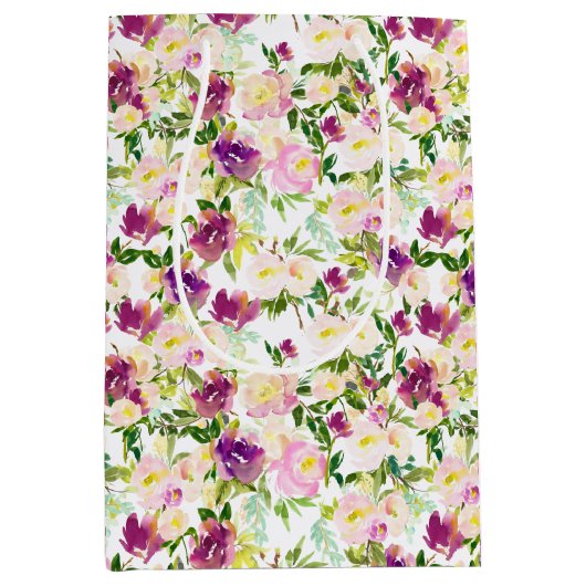 Girly Pink Peach Paarse Burgundy Waterverf Floral Medium Cadeauzakje (Voorkant)