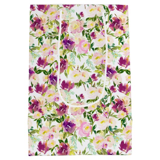 Girly Pink Peach Paarse Burgundy Waterverf Floral Medium Cadeauzakje (Achterkant)